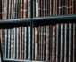 A tall wooden bookshelf filled with old, worn books separated by thin white horizontal labels stands in the study of a prominent lawyer, with a wooden ladder leaning against it.