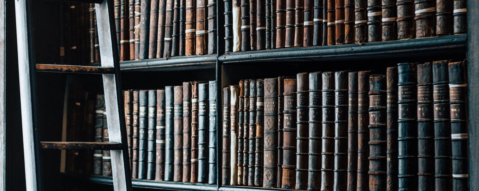 A tall wooden bookshelf filled with old, worn books separated by thin white horizontal labels stands in the study of a prominent lawyer, with a wooden ladder leaning against it.