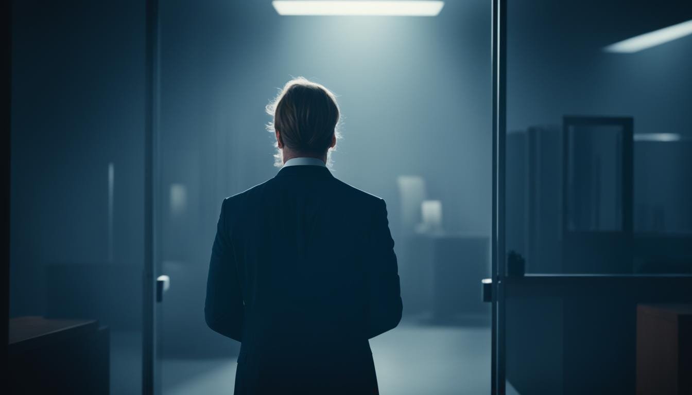 A person in a suit stands with their back to the camera, facing an open door in a dimly lit office environment, potentially considering whether to consult a #lawyer about workplace harassment issues.