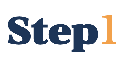 Image showing the text "Step 1" with "Step" in large, bold blue letters and "1" in smaller, orange text on a white background.