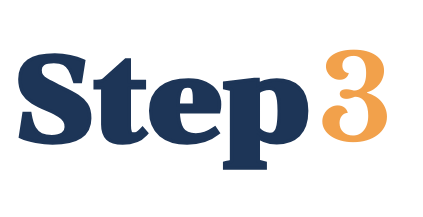 The image shows the text "Step 3" with "Step" in dark blue and the number "3" in orange.