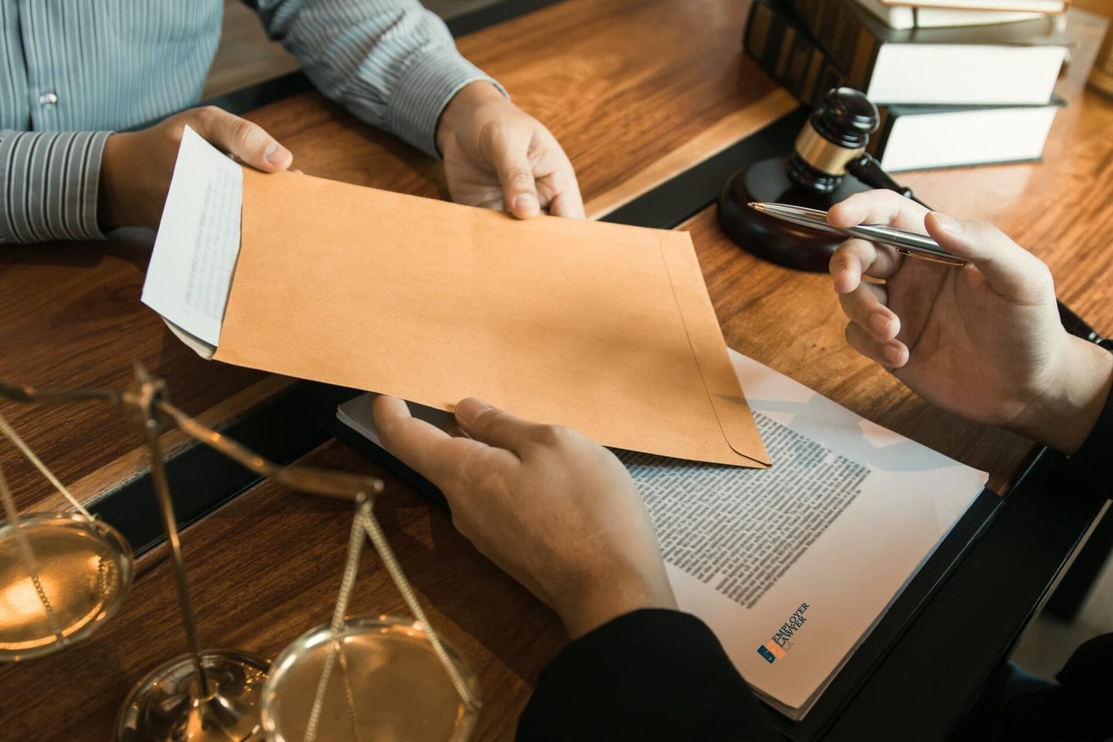 Two people exchange a large envelope over a document on a desk, with legal scales and a gavel set in the background, likely during an employment lawyer free consultation.