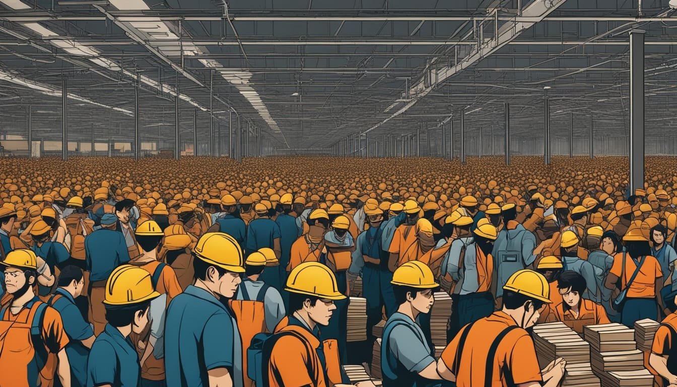 Illustration of a vast factory interior with numerous workers in orange vests and yellow hard hats assembling boxes.