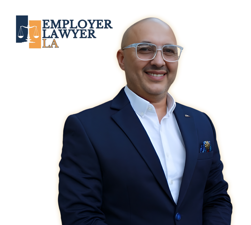 A man in a dark blue suit and glasses is smiling. The background includes a logo with "The Employer Lawyer LA" text and a stylized scale of justice, highlighting their expertise as an employment lawyer offering free consultations.