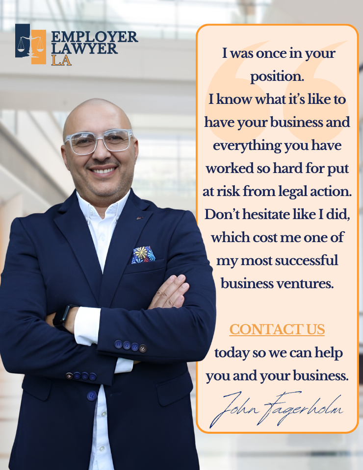 A smiling person in a suit stands with arms crossed. Text on the image promotes legal services from "Employer Lawyer LA," offering help to protect businesses from legal risks. Take advantage of an employment lawyer free consultation and safeguard your business today.