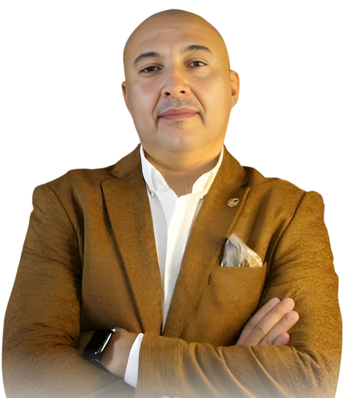 A person with a bald head and wearing a brown jacket over a white shirt stands with crossed arms against a solid black background, exuding the confidence of an employer lawyer LA ready to offer expert guidance.