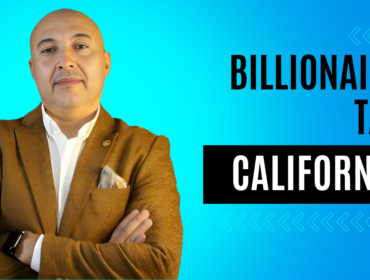 Man in a brown jacket with arms crossed stands next to text reading "Billionaire Tax California" on a blue background.