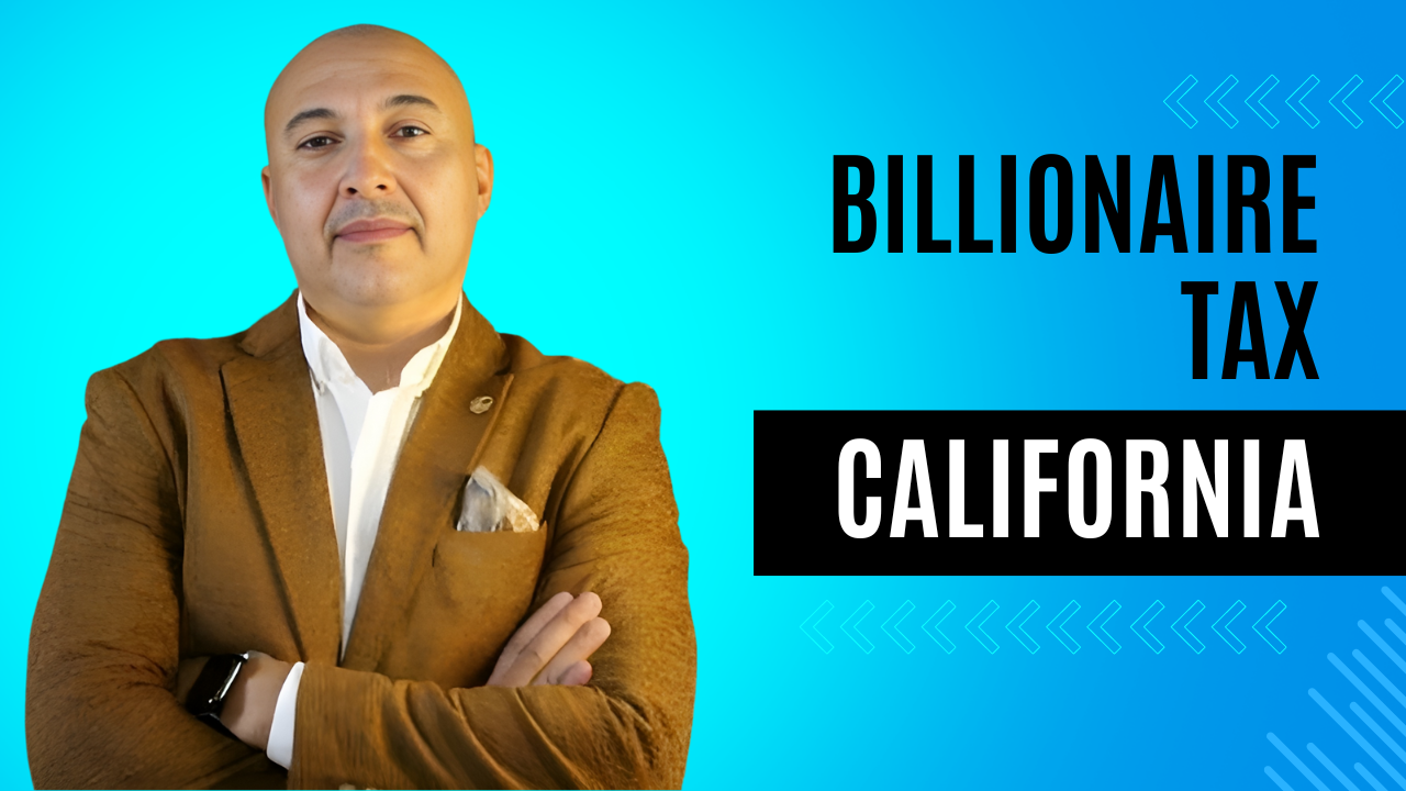 Man in a brown jacket with arms crossed stands next to text reading "Billionaire Tax California" on a blue background.