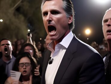 A man in a suit is speaking passionately to a crowd at night, with several people around him expressing strong emotions. Bright lights illuminate the scene.