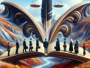 Surreal artwork depicting people in business attire walking on an open book's pages. A large feather and scales of justice emerge from the book amid a vibrant, flowing landscape.