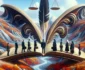 Surreal artwork depicting people in business attire walking on an open book's pages. A large feather and scales of justice emerge from the book amid a vibrant, flowing landscape.