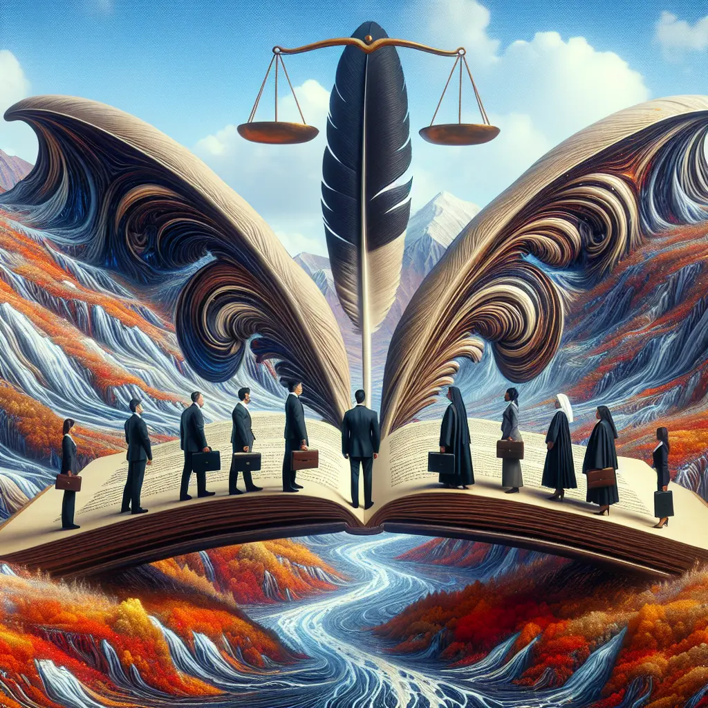 Surreal artwork depicting people in business attire walking on an open book's pages. A large feather and scales of justice emerge from the book amid a vibrant, flowing landscape.