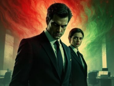 Two individuals in suits stand in an office environment with a dramatic red and green swirling background.