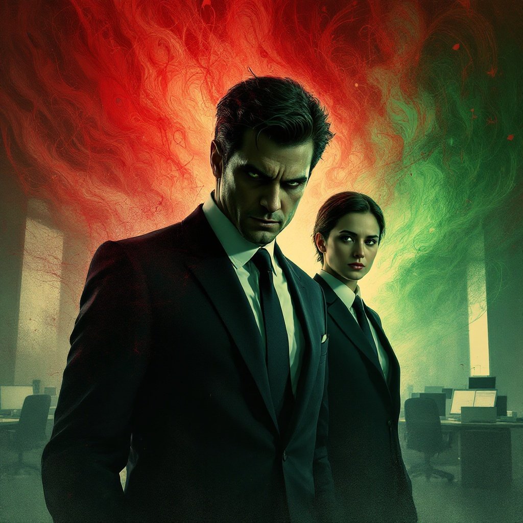 Two individuals in suits stand in an office environment with a dramatic red and green swirling background.