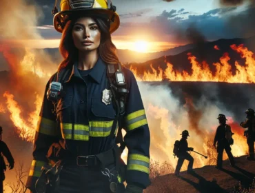 A firefighter in uniform stands in the foreground, with a fire blazing in the background as fellow firefighters tackle the blaze.