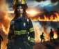 A firefighter in uniform stands in the foreground, with a fire blazing in the background as fellow firefighters tackle the blaze.