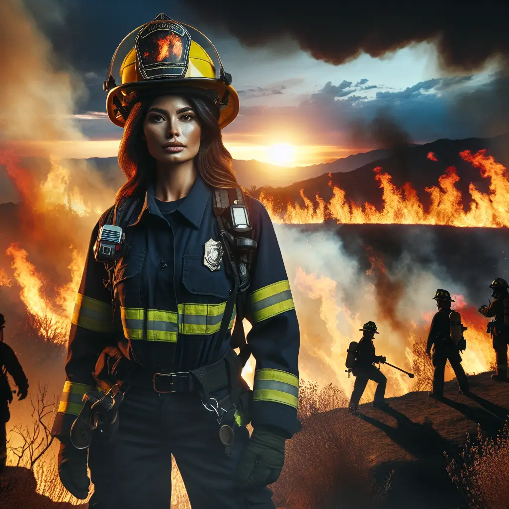 A firefighter in uniform stands in the foreground, with a fire blazing in the background as fellow firefighters tackle the blaze.