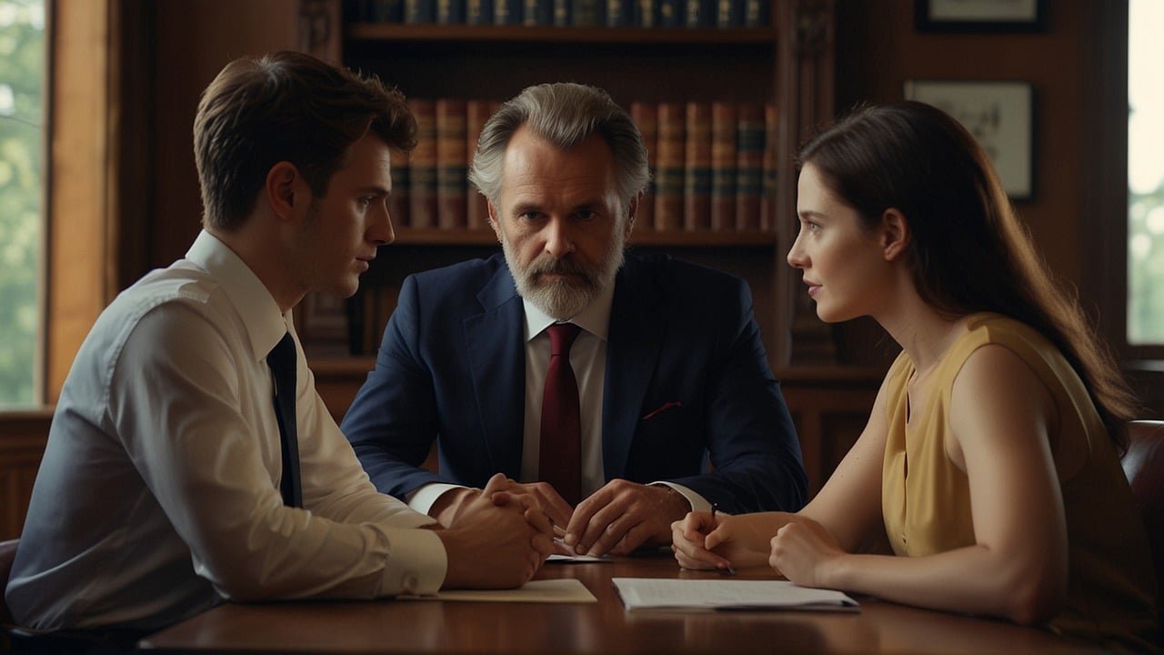 Three people are seated at a table in a formal setting with legal books in the background, two appear to be in discussion while the third observes.