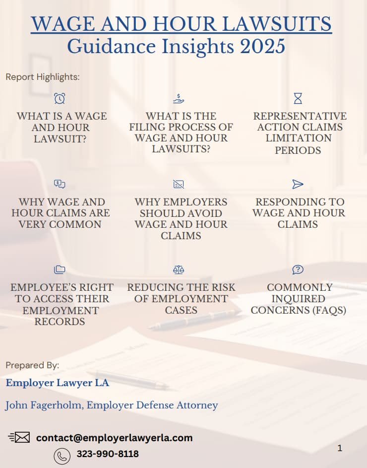 A flyer titled "Wage and Hour Lawsuits Guidance Insights 2025" lists report highlights and contact info for Employer Lawyer LA and attorney John Fagerholm.