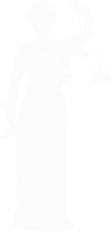 A stylized illustration of Lady Justice, holding a sword in her right hand and a balance scale in her left hand. She is depicted wearing a blindfold.